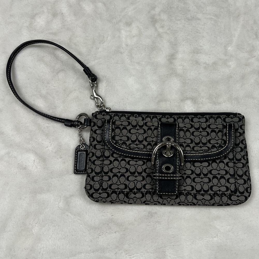 Coach Wristlet Women Small Black Signature Jacquard Buckle Front Pocket Strap